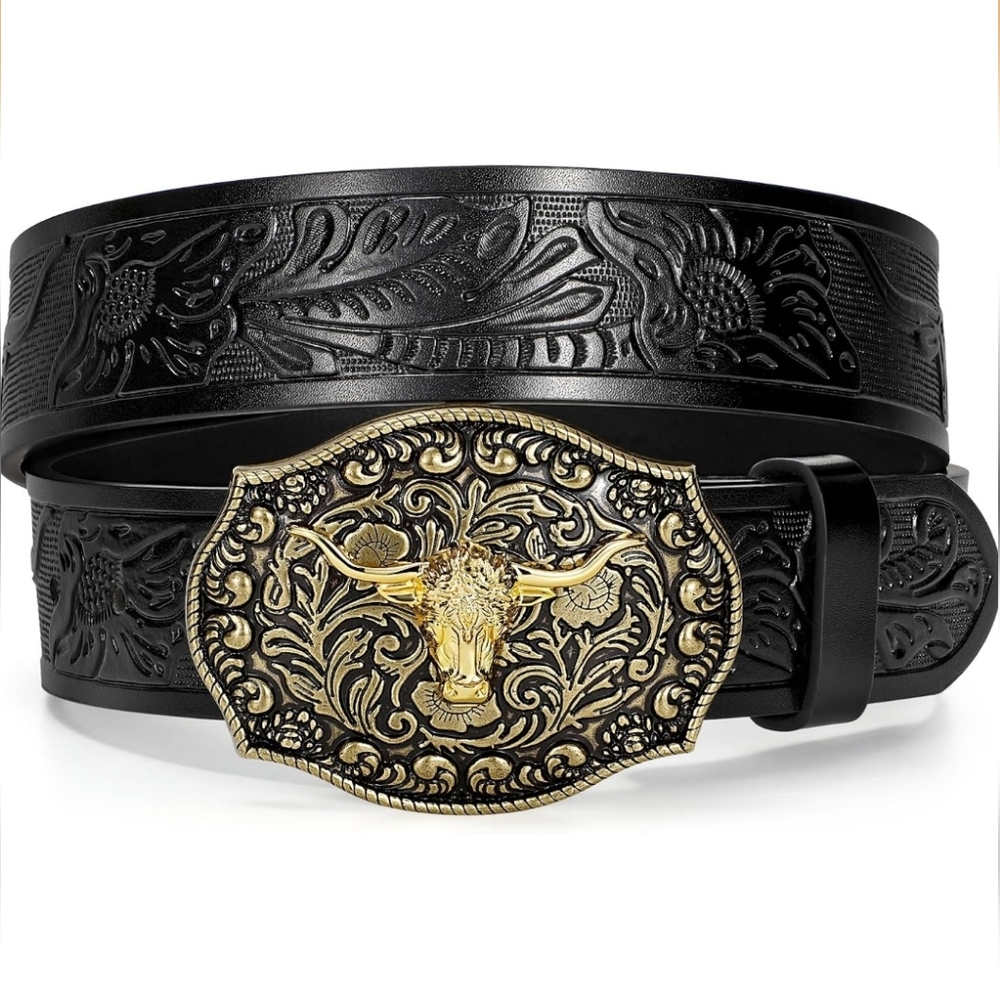 Triworks NEW Western Black Floral & Long Horn Embossed Unisex Belt w/Gold Buckle - Picture 2 of 8